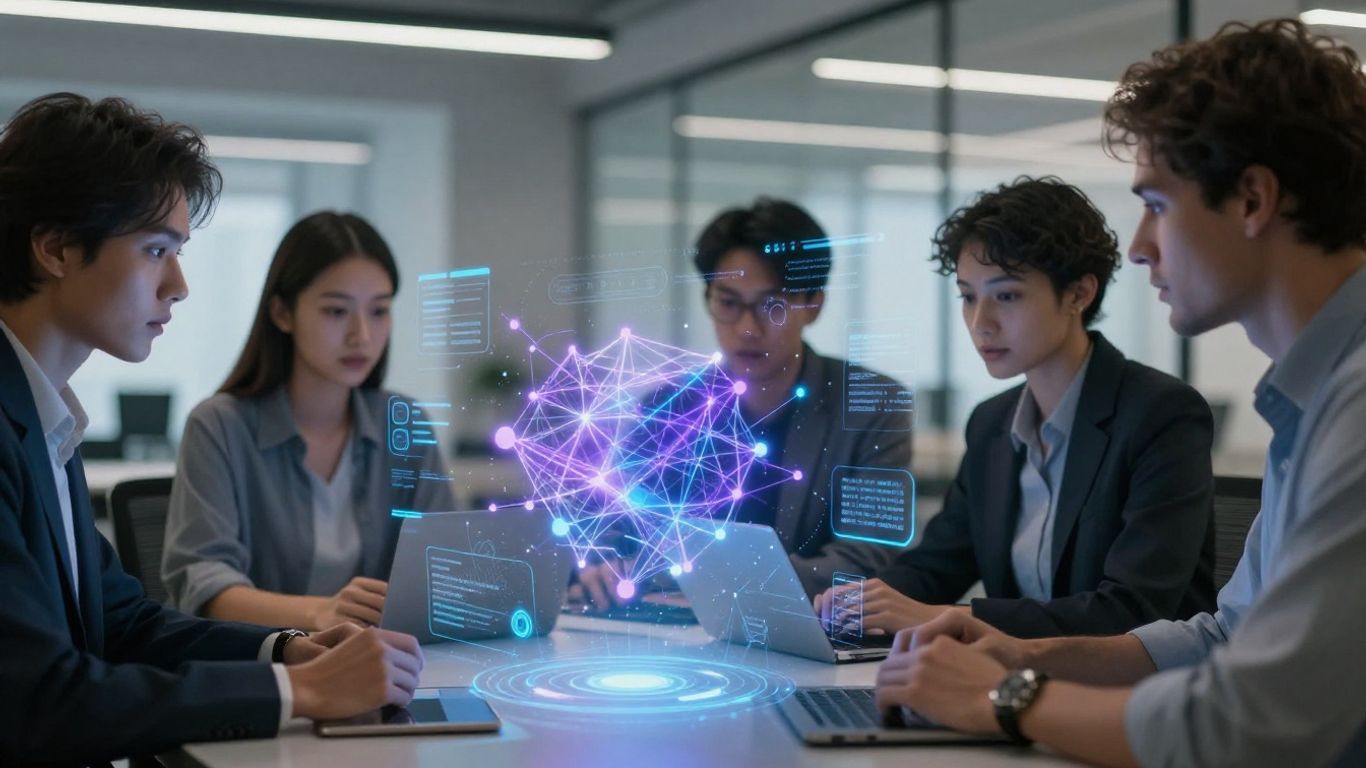 AI data science partnership concept with holographic interface.