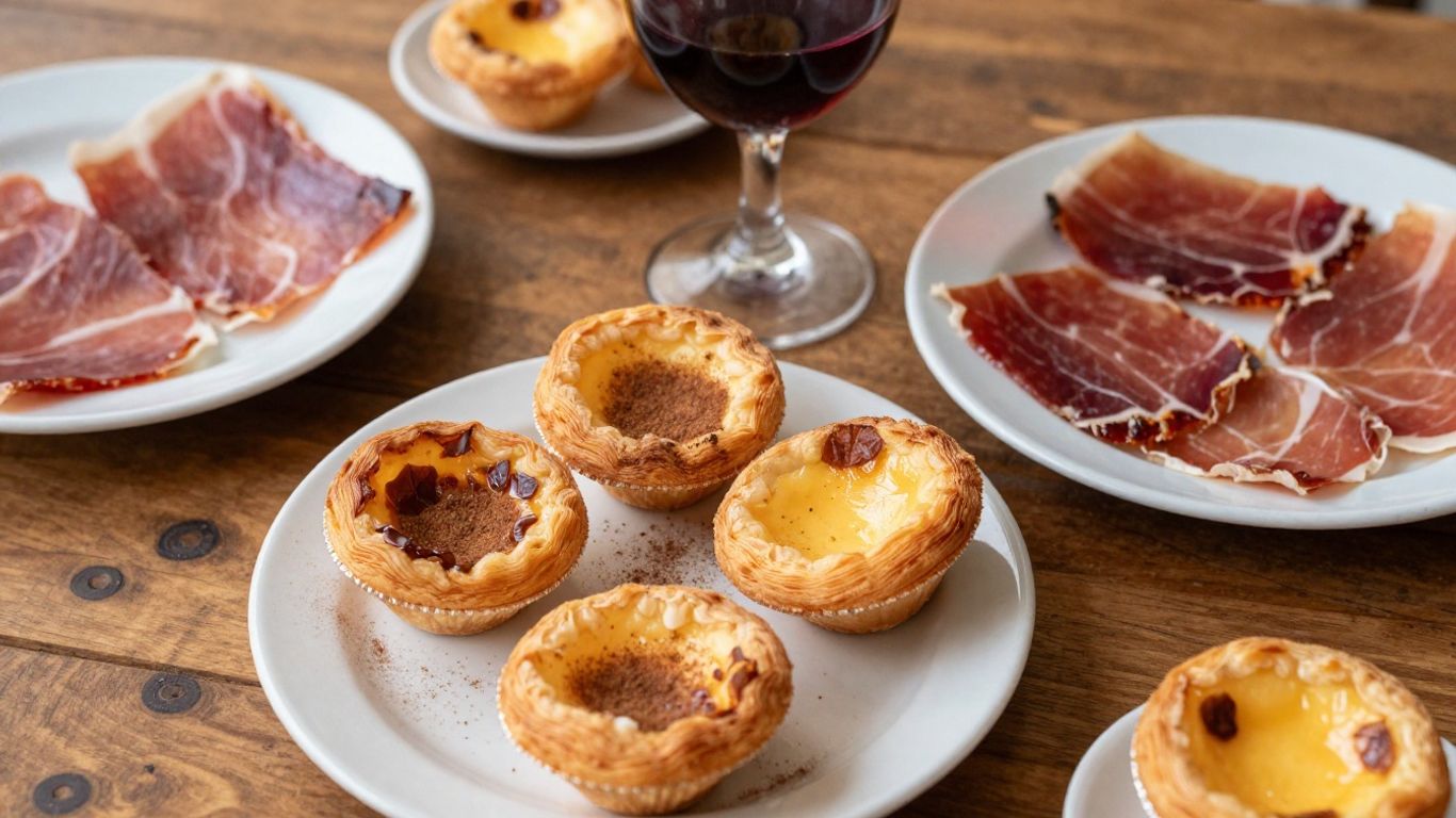 Delicii portugheze pe o masă rustică din lemn.