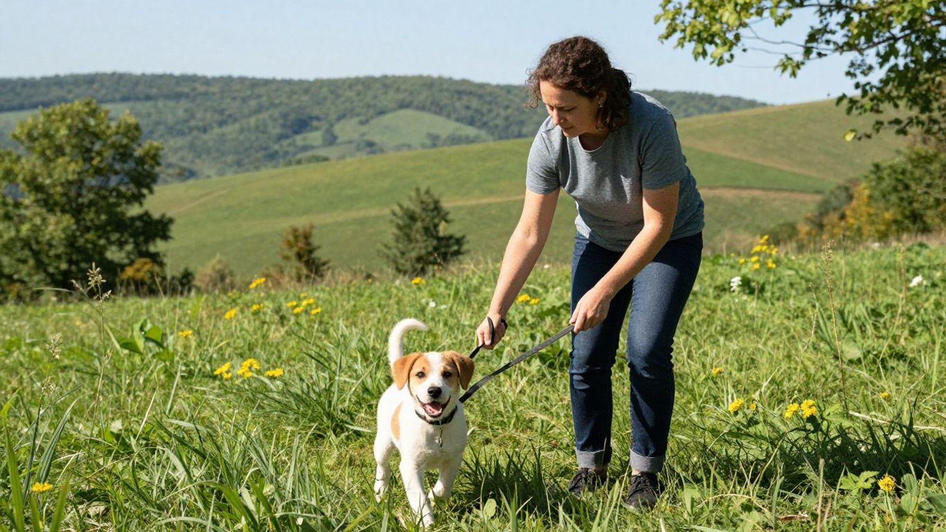 Puppy exploring outdoors with handler in a natural setting.