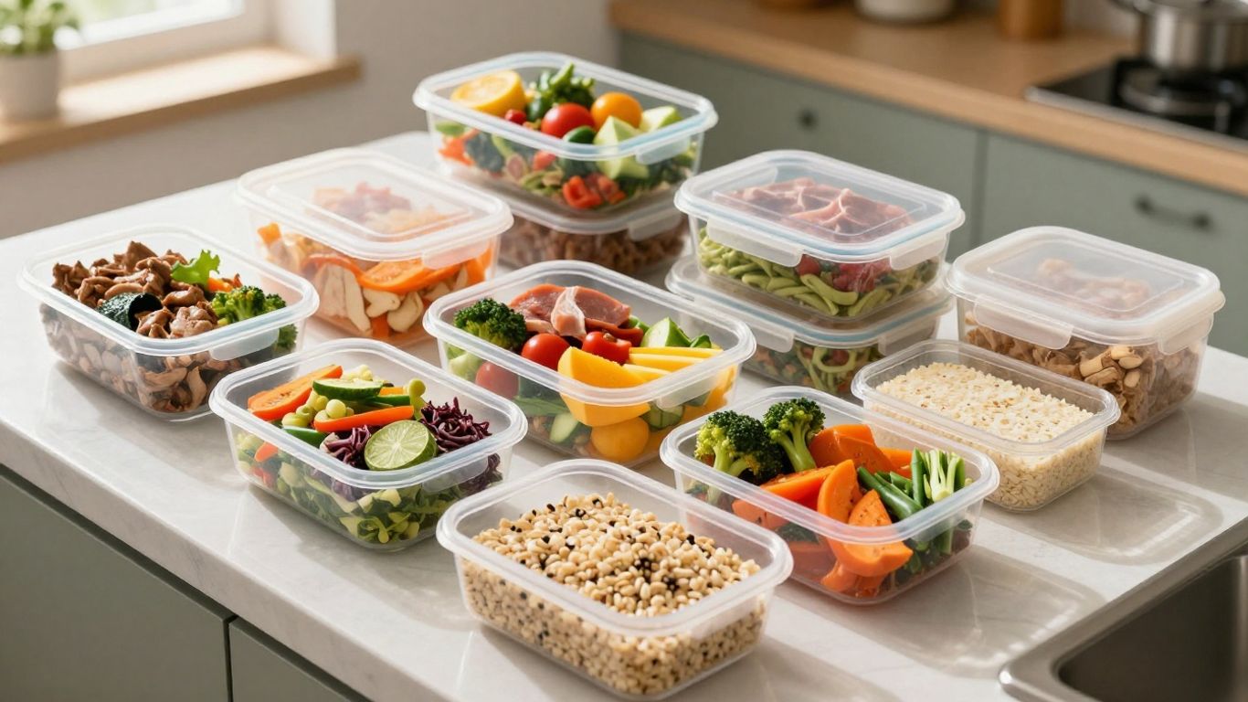 Neatly arranged prepped meals and fresh ingredients on a kitchen counter.