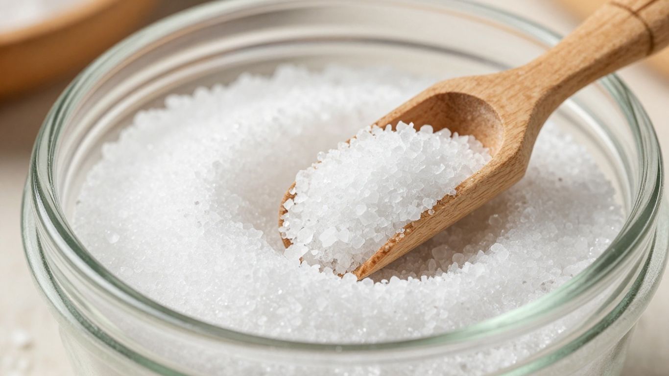 Jar of non-iodized salt with a wooden scoop.