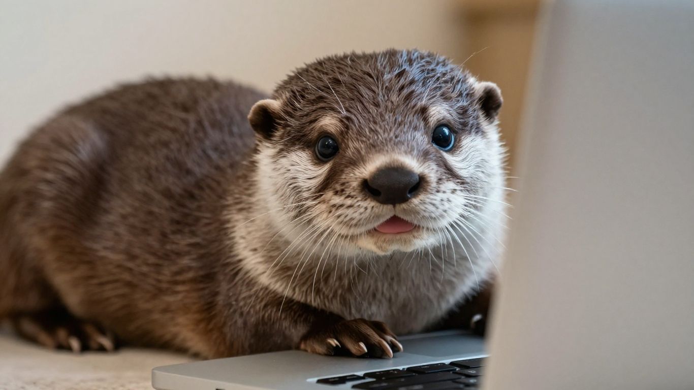 Loutre souriante regardant par-dessus un ordinateur portable.