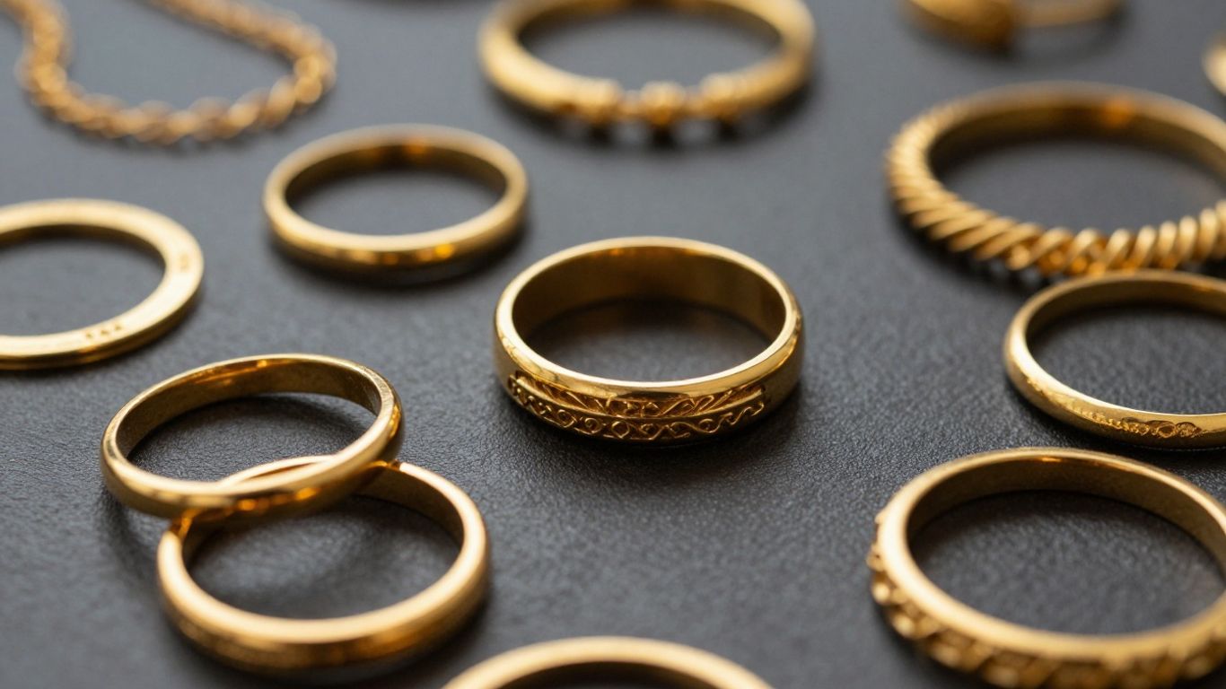 Bijoux en or variés sur fond sombre.