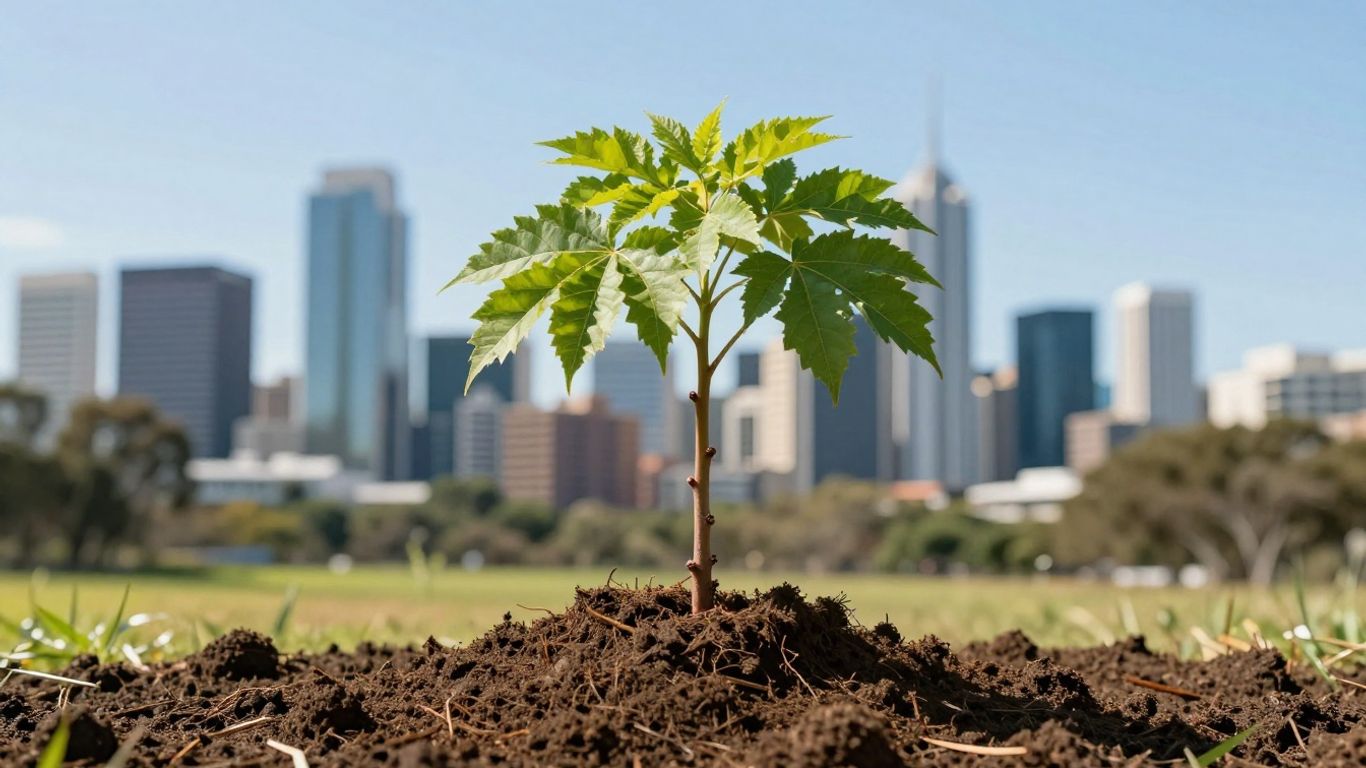 Young plant growing in Australian soil, city skyline background.