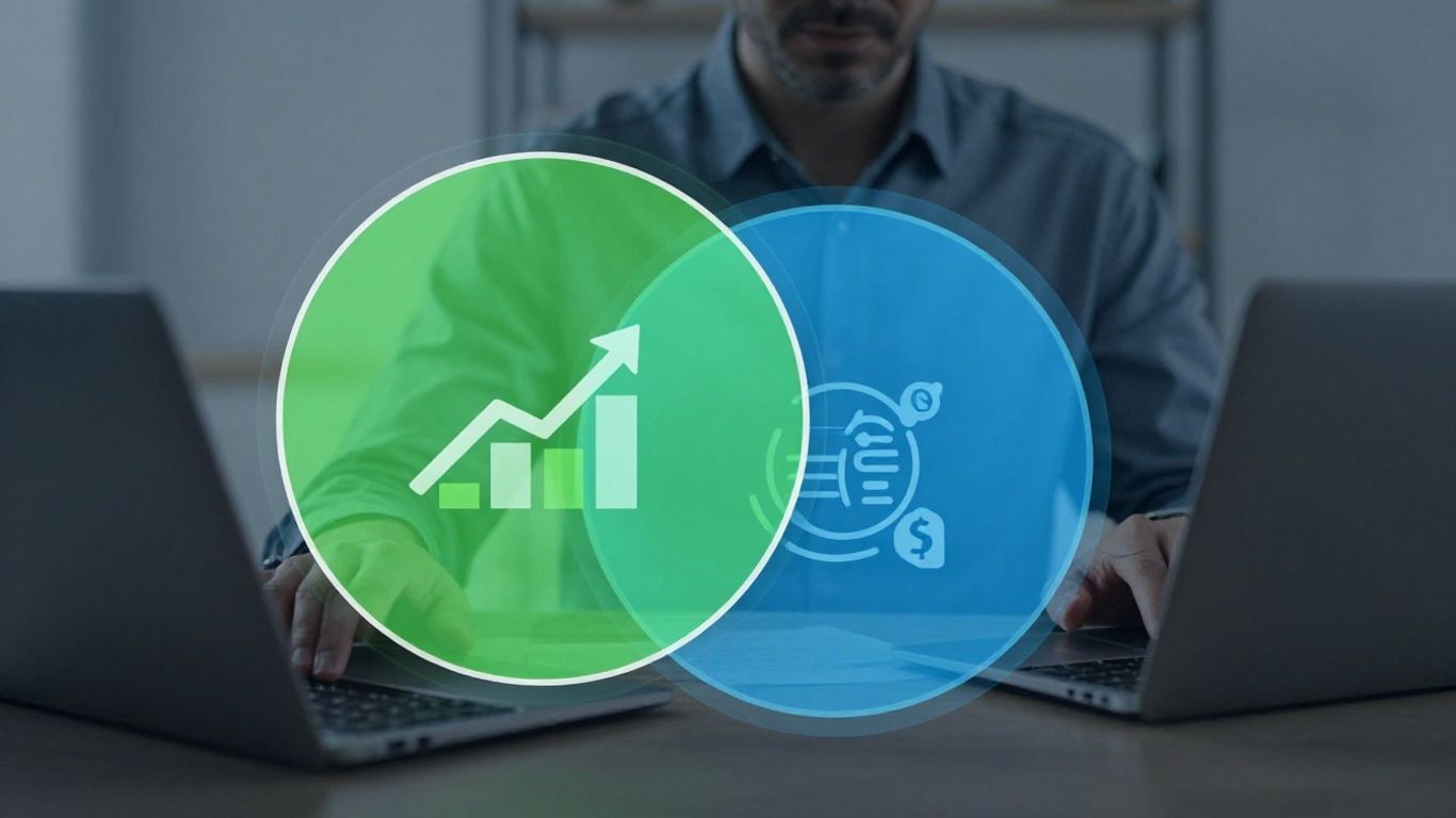 Marketer examining organic and paid social strategies icons