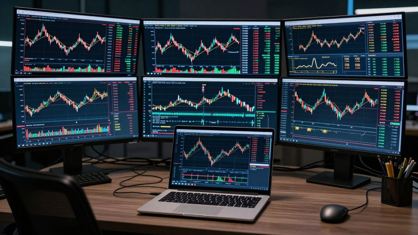 CMC Markets trading desk with monitors and laptop.
