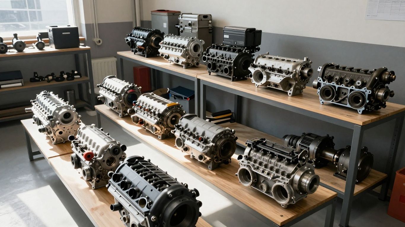 Used BMW engines and transmissions in a workshop.