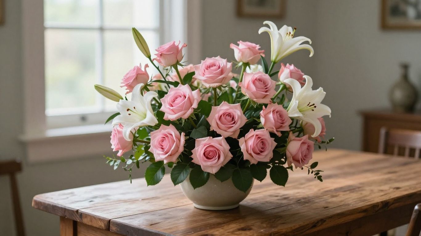 An arrangement of lilies and roses