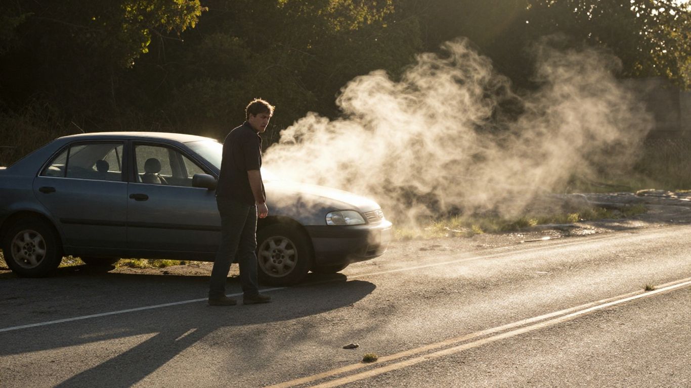 Car broken down on roadside at sunset.