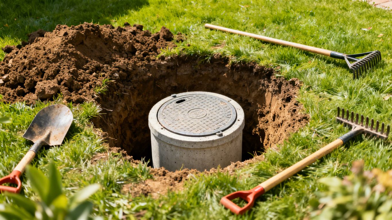 Septic tank lid visible in backyard before landscaping.