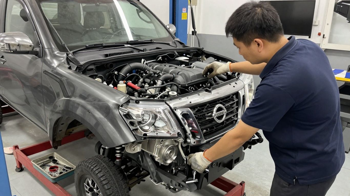 Used Nissan Navara engine being inspected