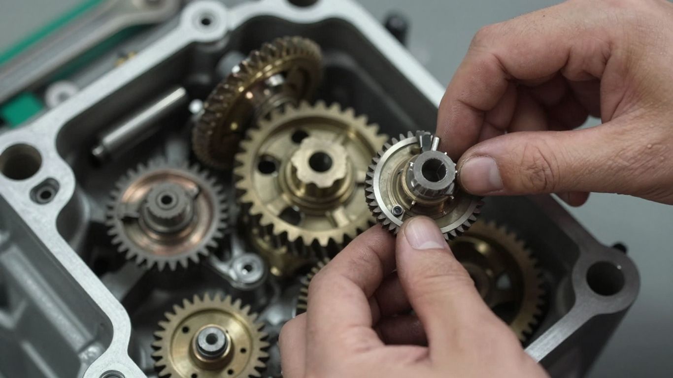 Mechanic working on car transmission gears