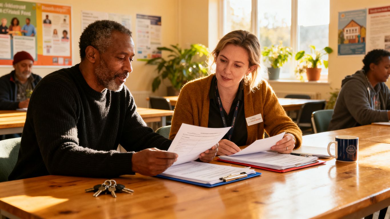 Resident and support worker reviewing practical plans