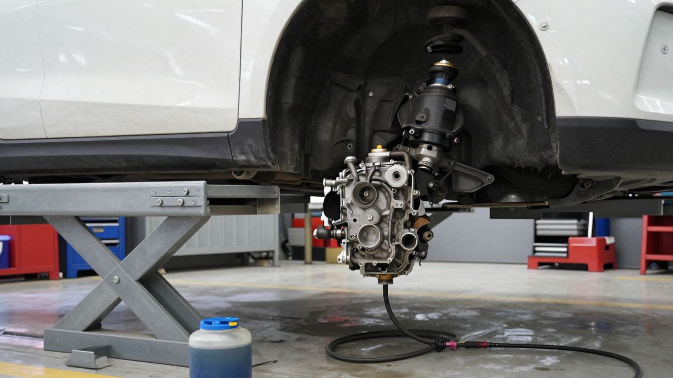 Mechanic inspecting vehicle transmission fluid