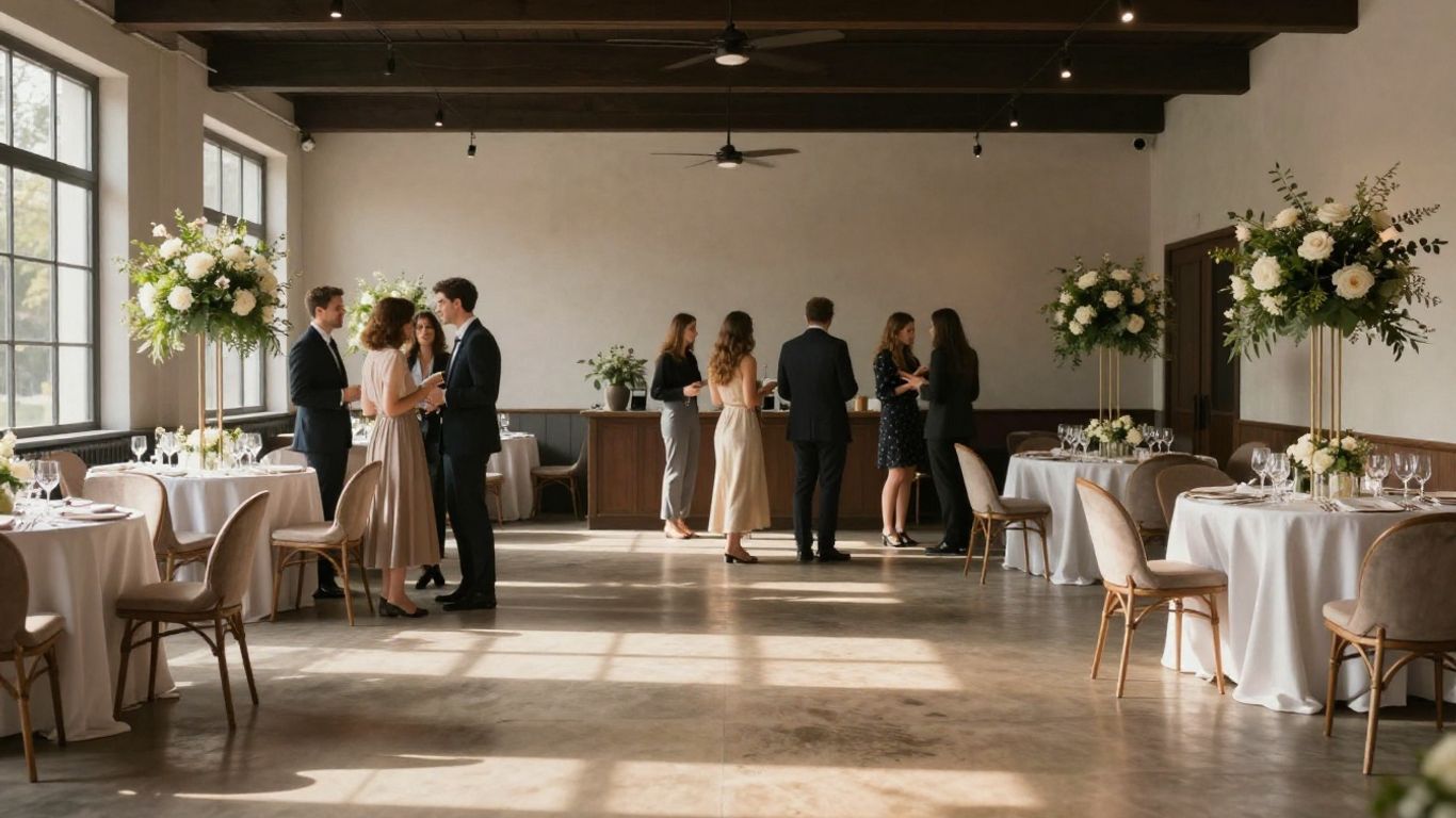 Elegant event venue with floral decor and comfortable seating.