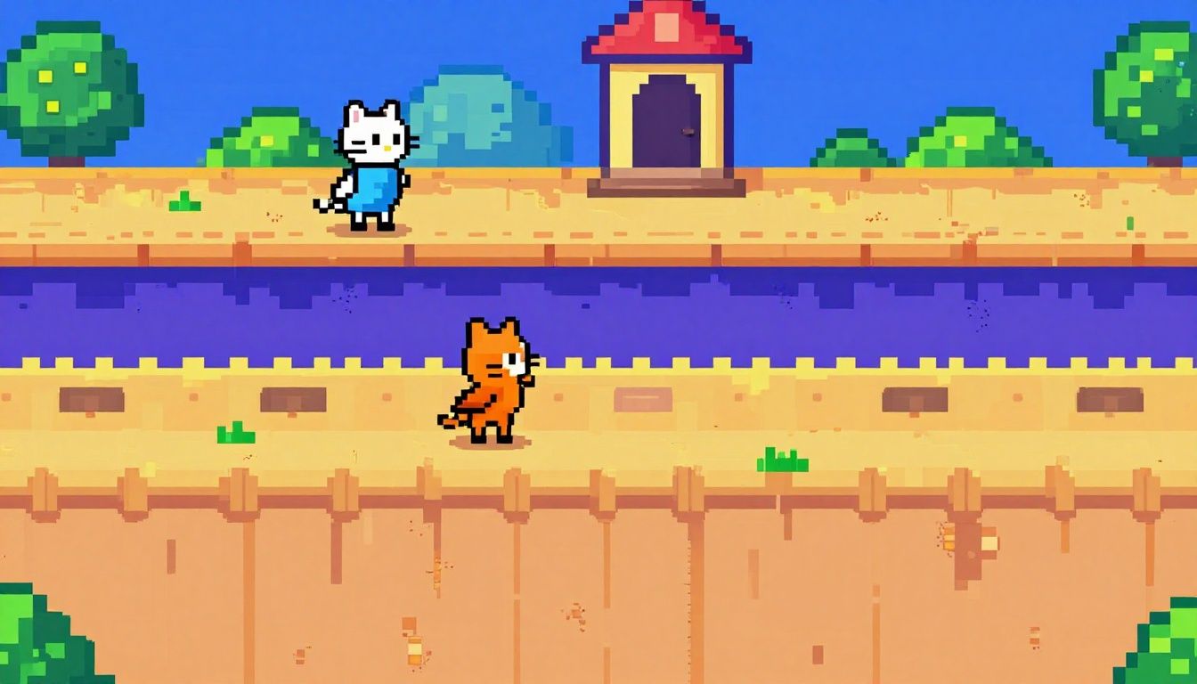 Cat Bird em uma fase colorida de plataforma, com o protagonista explorando um mundo pixelado