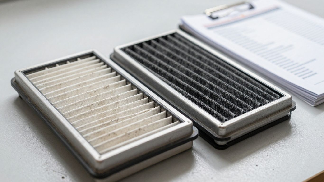Engine air filter beside an open service manual