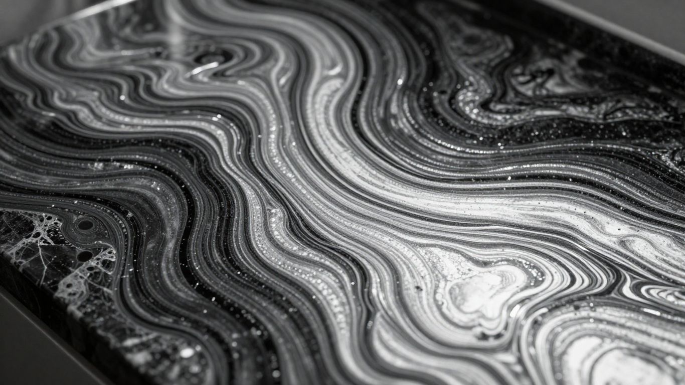 Metallic epoxy countertop with marble-like swirls.