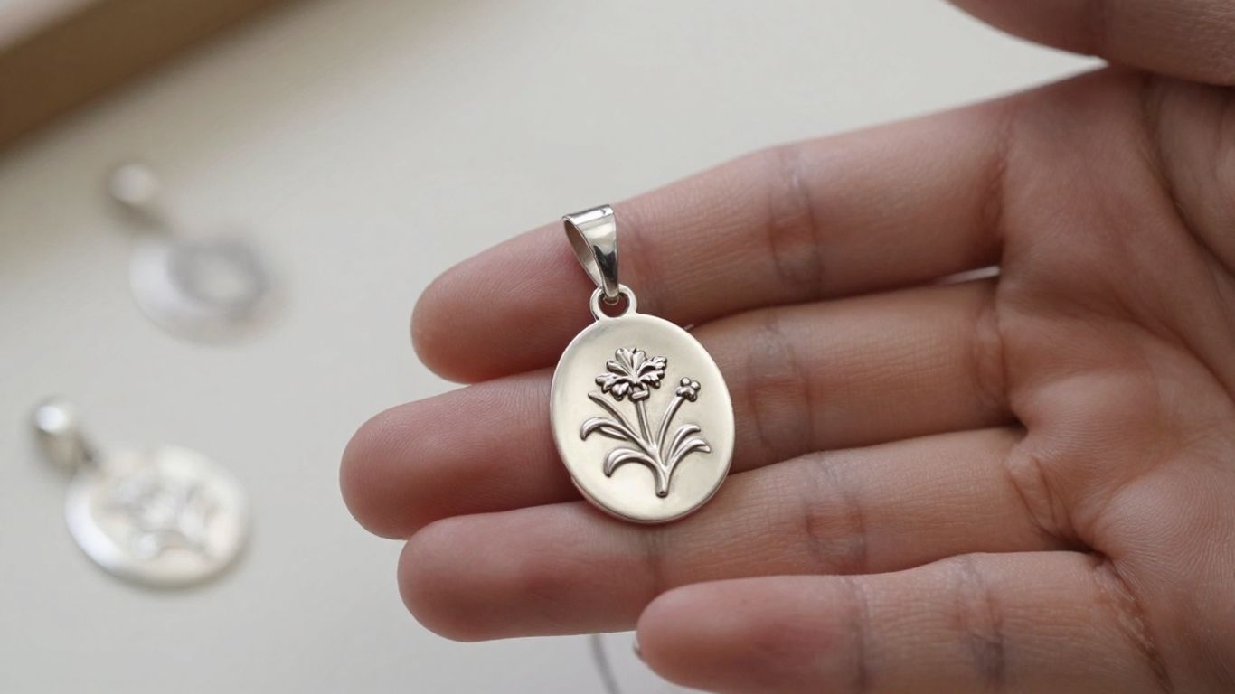 Close-up of custom engraved pendant held in hand.