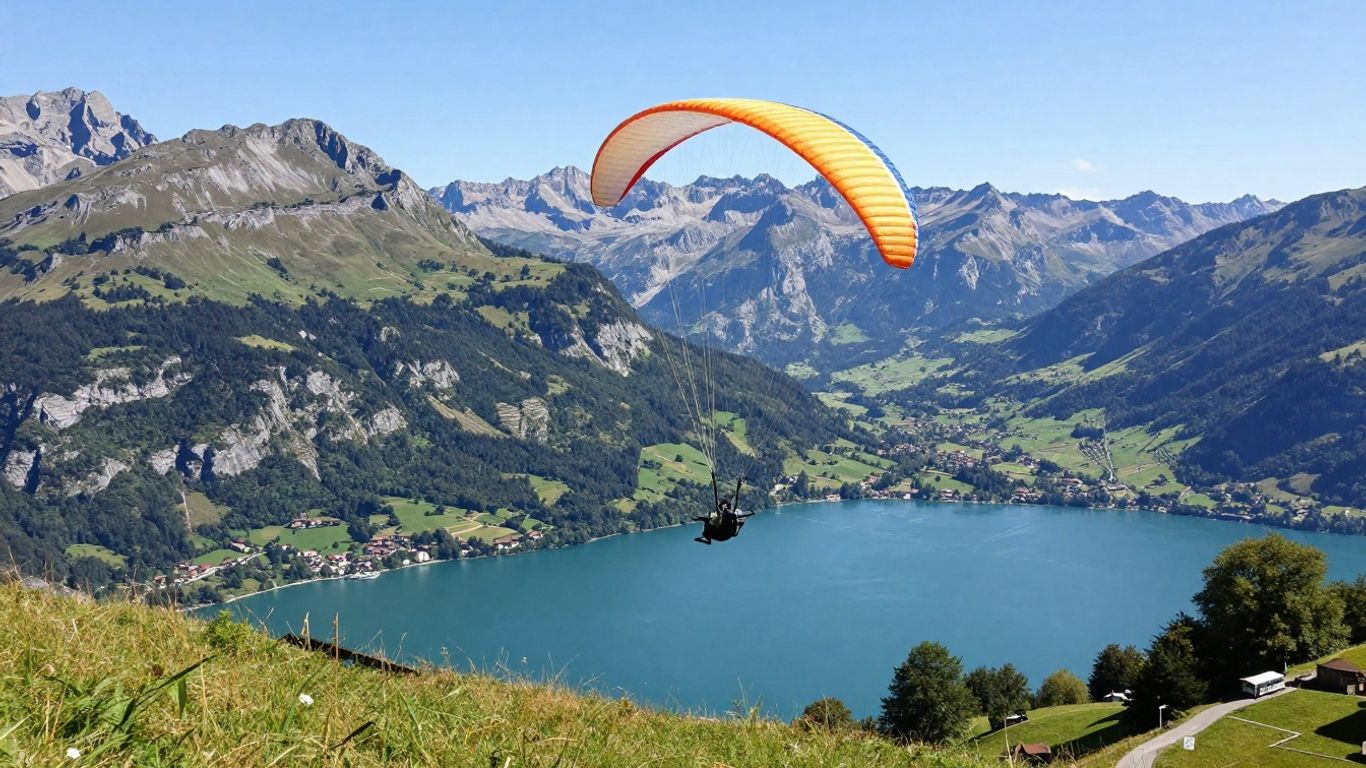 Paraglider launching above Lake Annecy