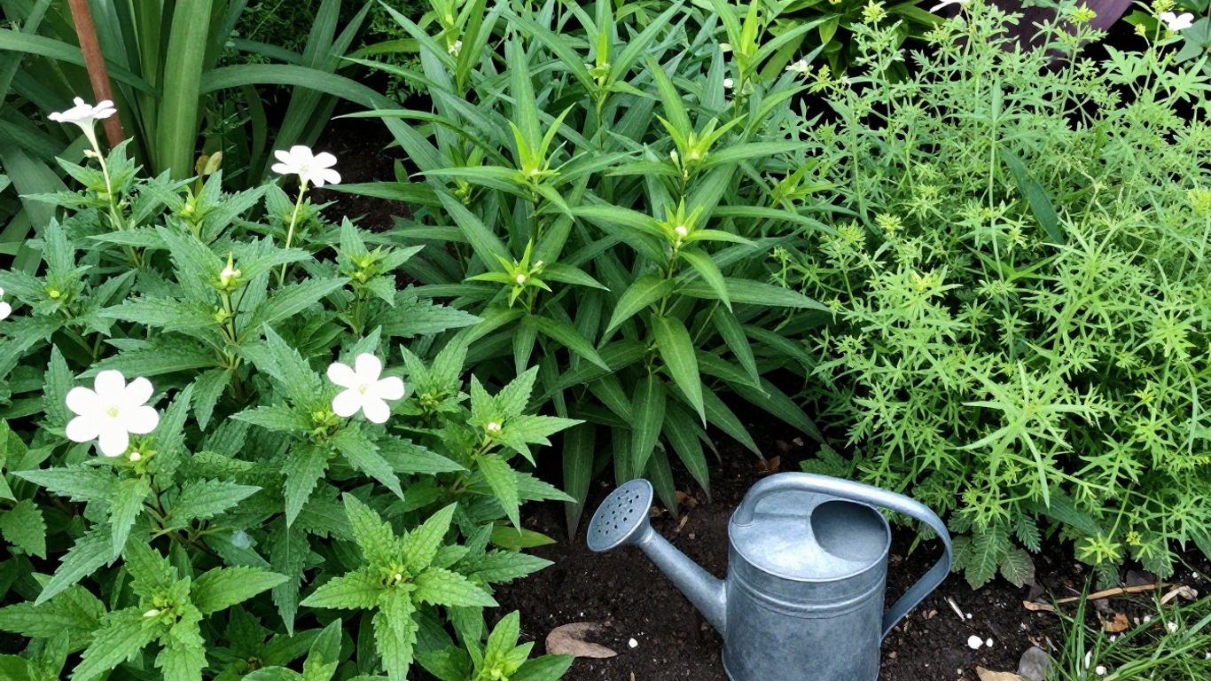 Pflegeleichter Garten mit grünen Pflanzen und Gießkanne.