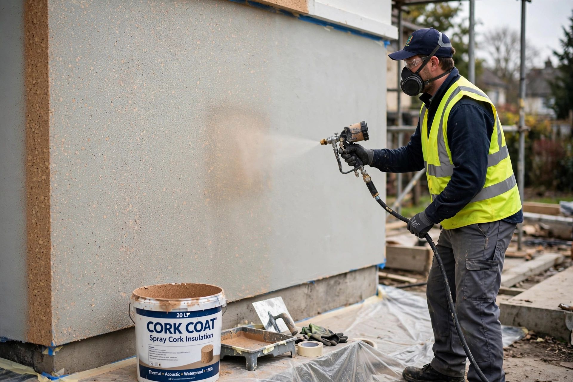 A tradesperson applying spray cork coating evenly to a prepared exterior wall
