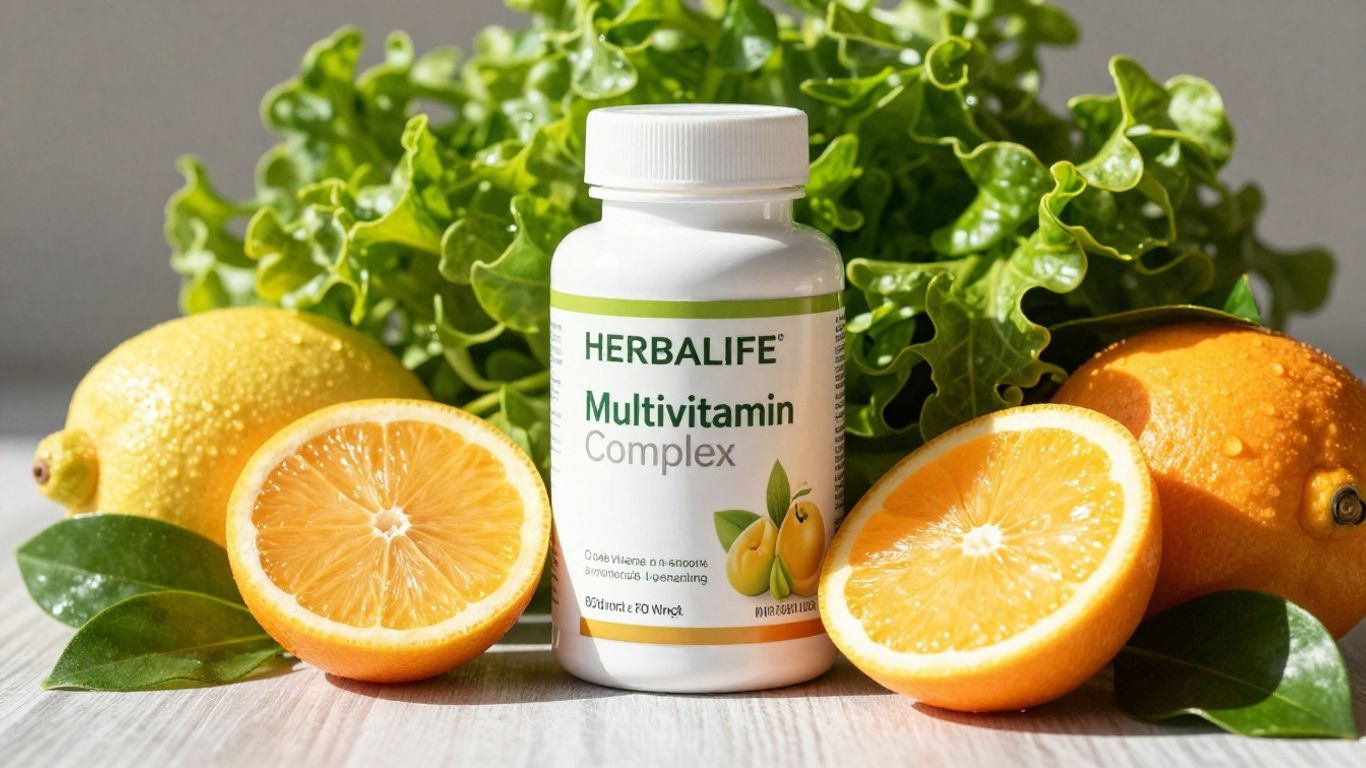 Herbalife Multivitamin Complex bottle with fruits and vegetables.