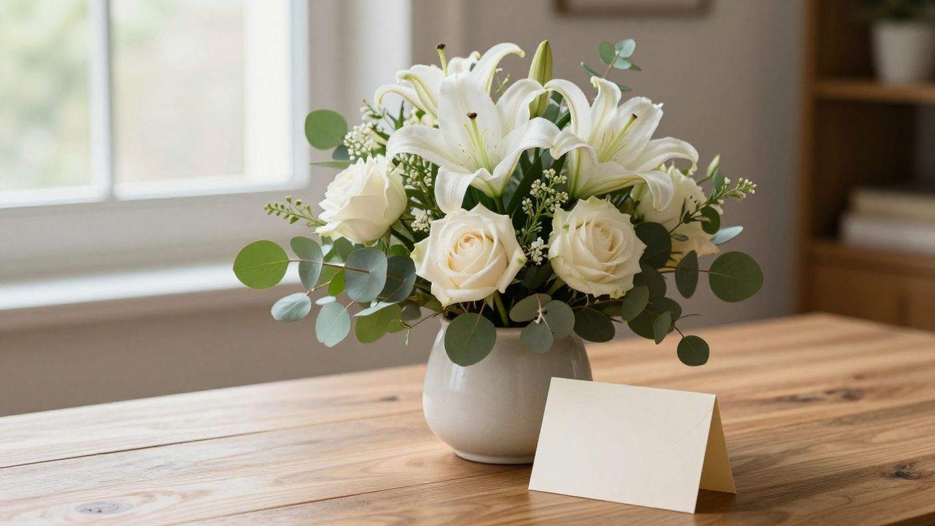 Soft white sympathy flowers in a quiet room