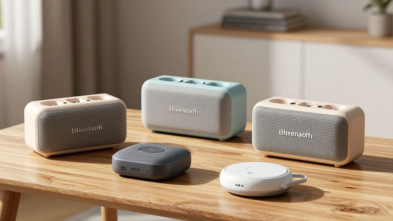 Modern portable Bluetooth speakers on a wooden table.