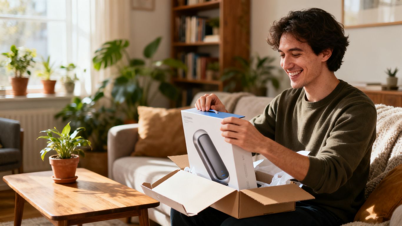 A customer unboxing a new item at home