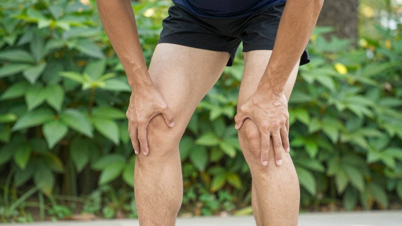 Active adult stretching knees outdoors with sunlight.