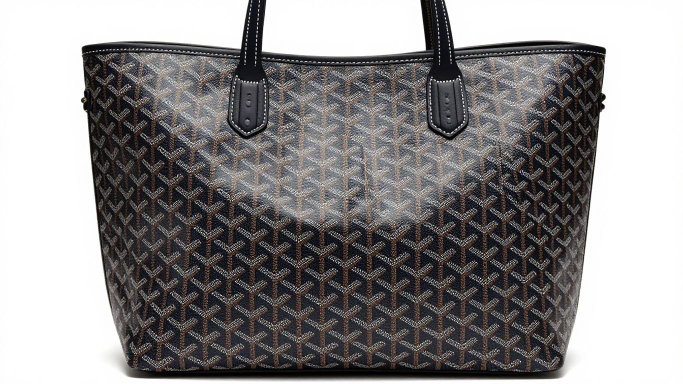 Goyard tote bag with iconic chevron pattern.