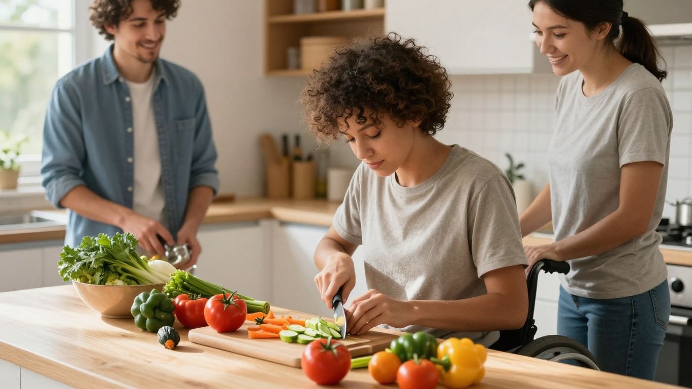 Person with disability cooking with support worker.