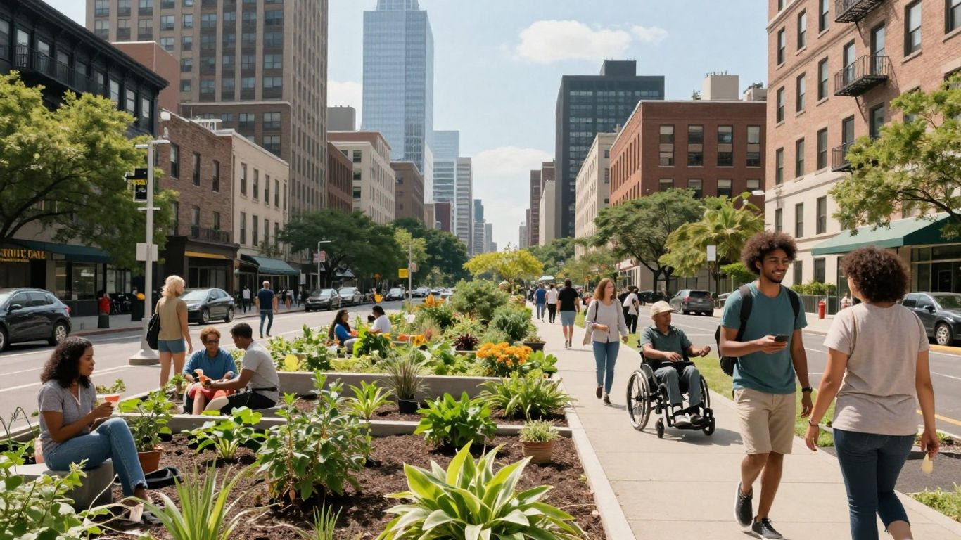 Ville inclusive avec espaces verts et personnes diverses.