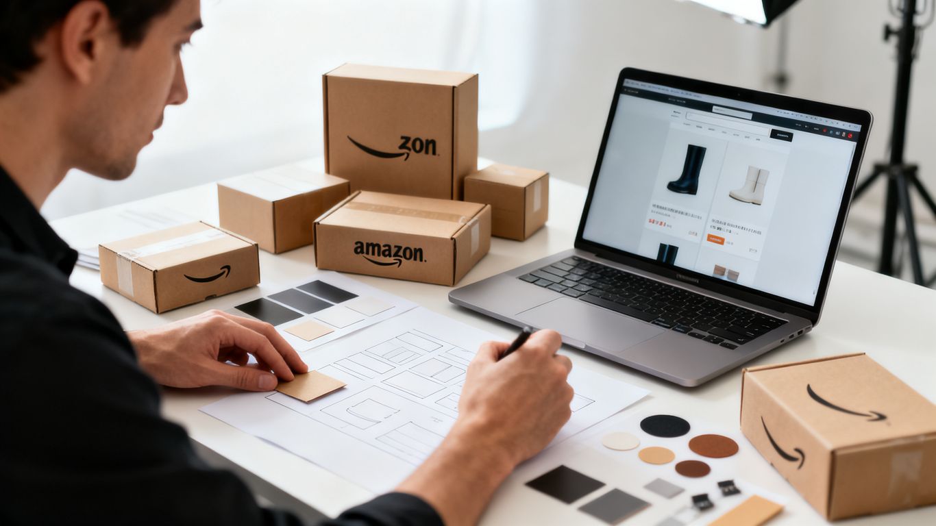 Amazon product listing displayed beside organized creative assets