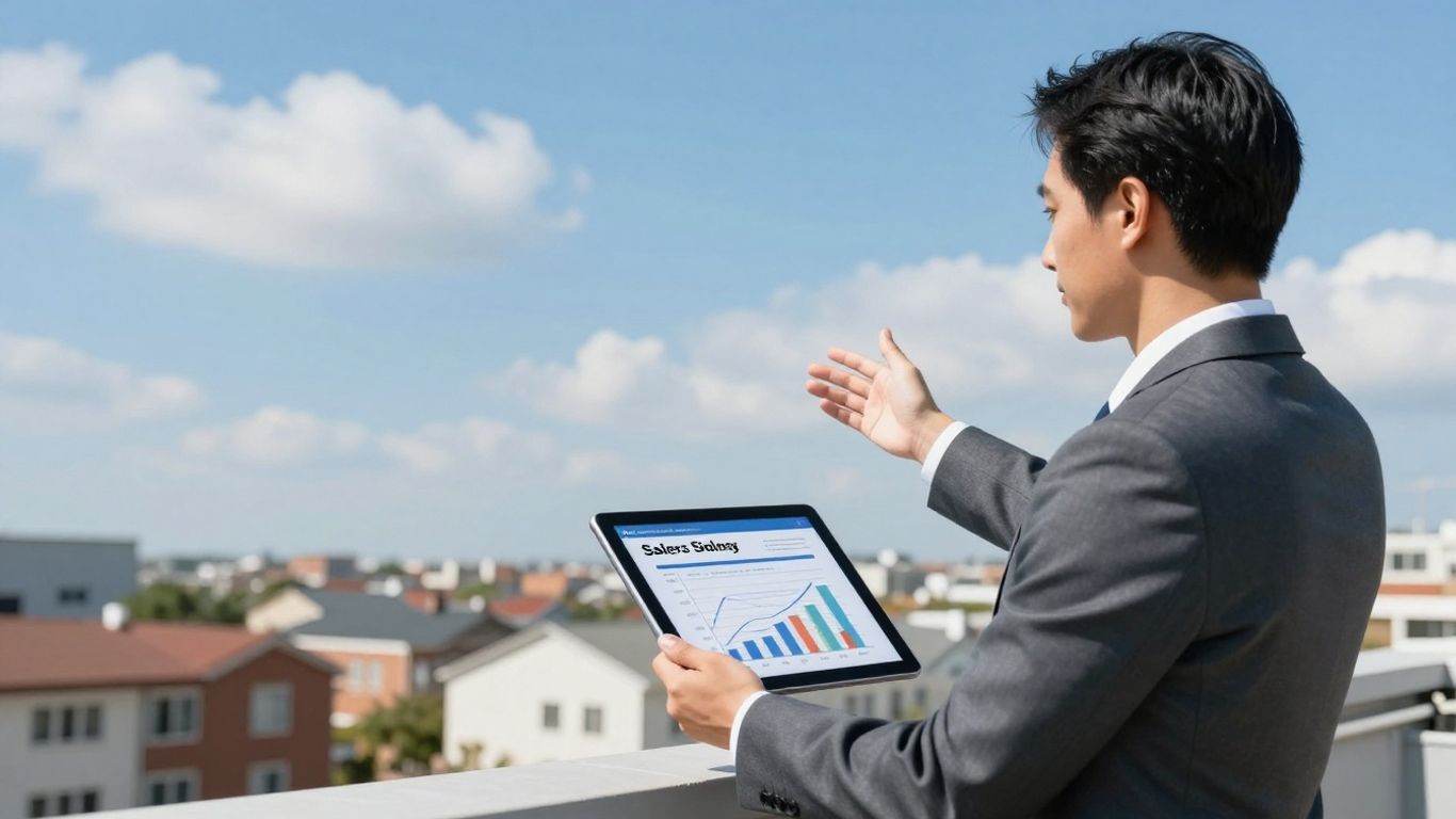 Roof salesperson on a rooftop with a neighborhood view.