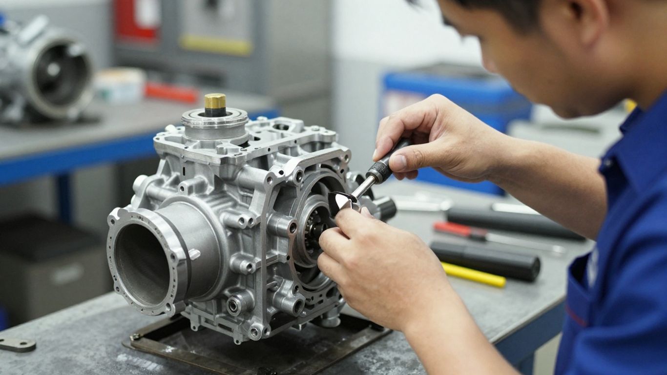 Technician inspecting a transmission housing