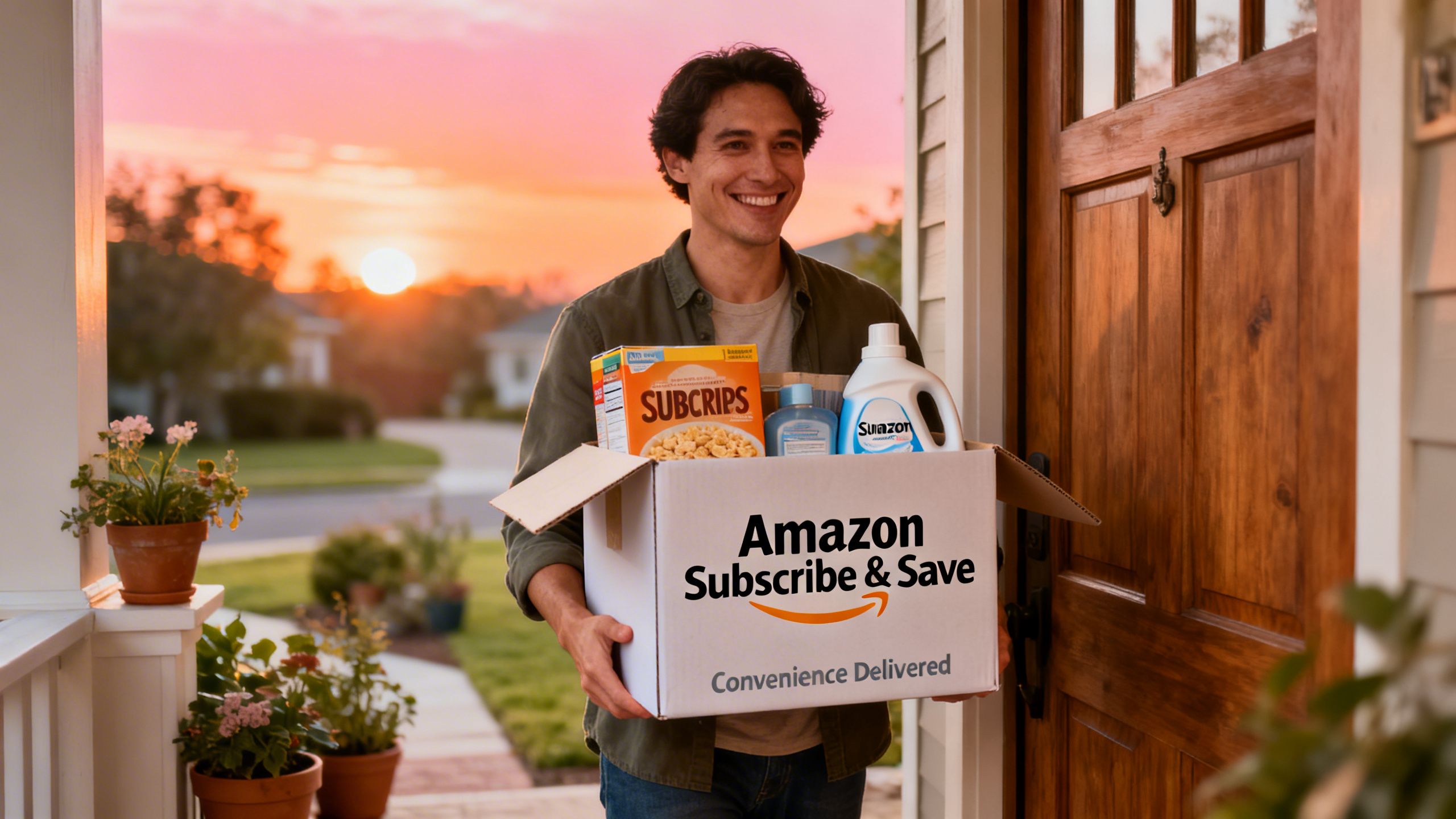 A happy customer receiving a recurring delivery box at their doorstep, illustrating the convenience of the Amazon Subscribe & Save program