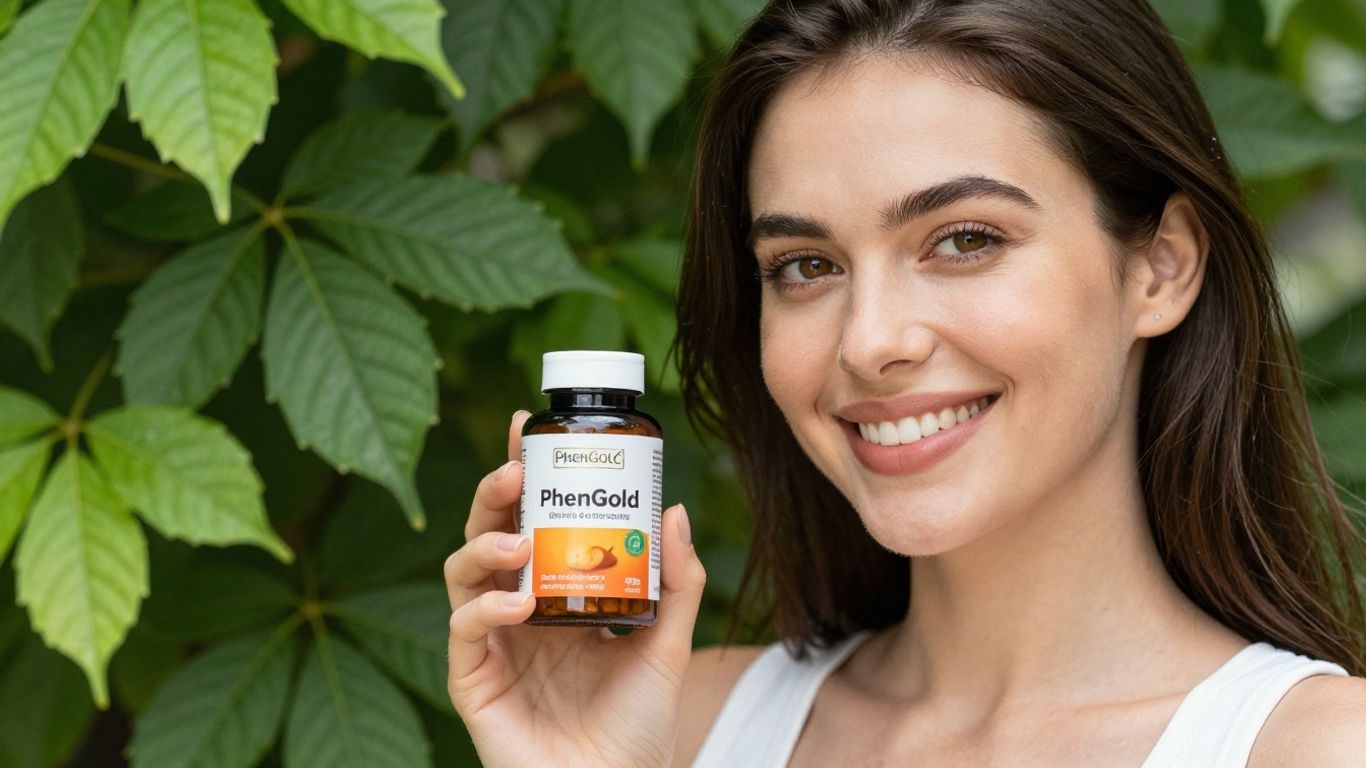 Woman smiling with PhenGold bottle, natural ingredients.