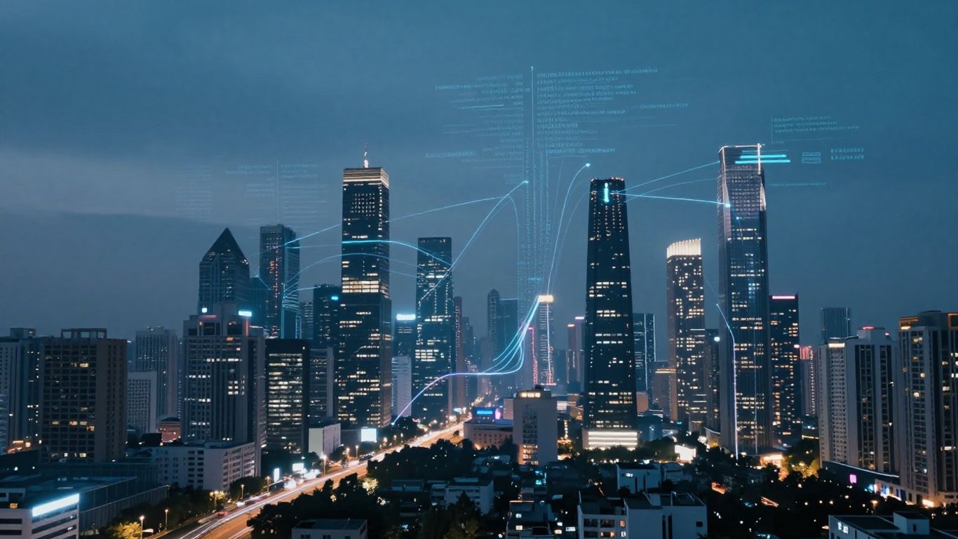 Futuristic cityscape with glowing digital streams.