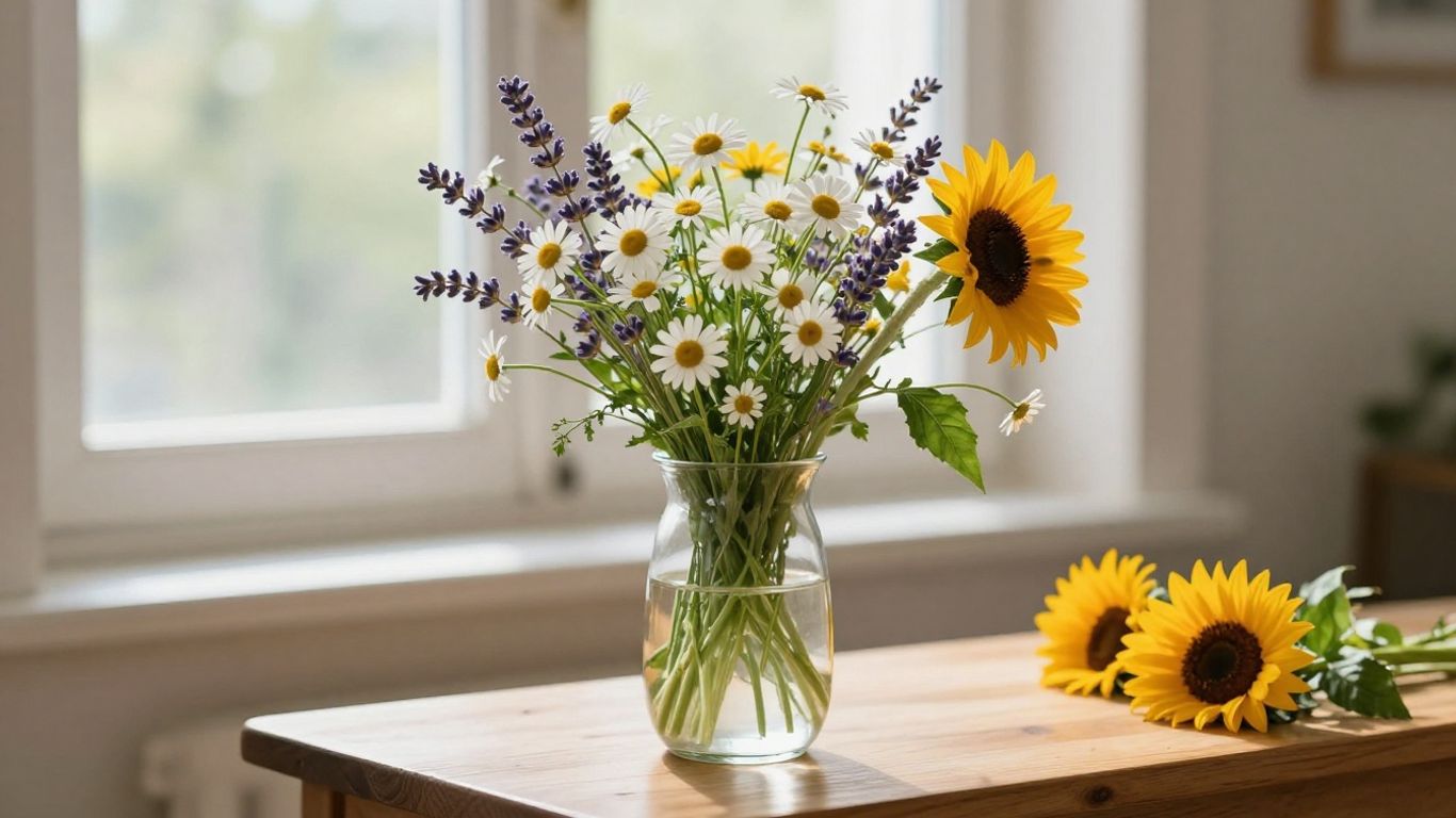 Fresh seasonal blooms arranged in a clear glass vase