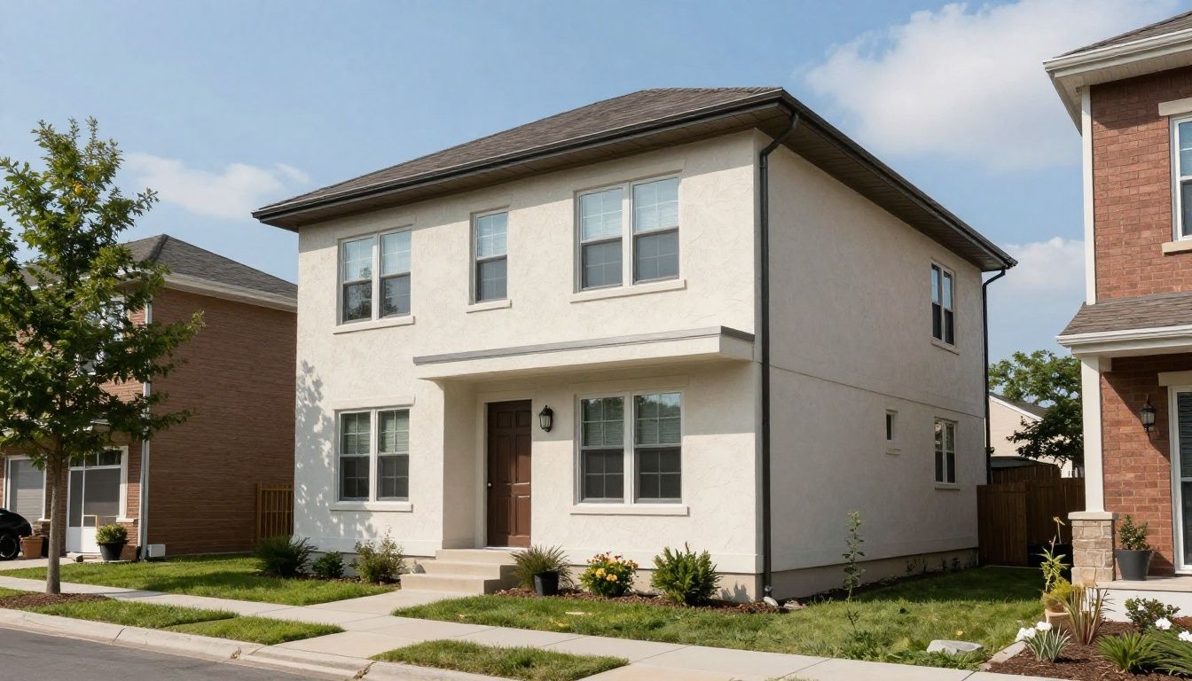A clean and modern residential exterior featuring durable stucco siding in a suburban Chicago neighborhood