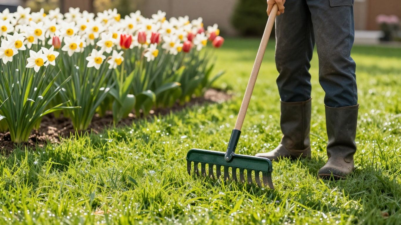 Landscaper preparing a vibrant lawn with blooming flowers in early spring.