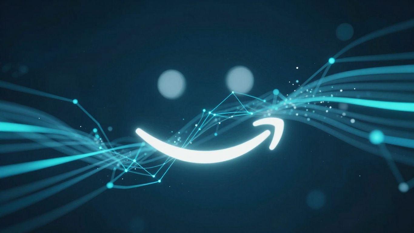 Abstract digital network with Amazon smile logo.
