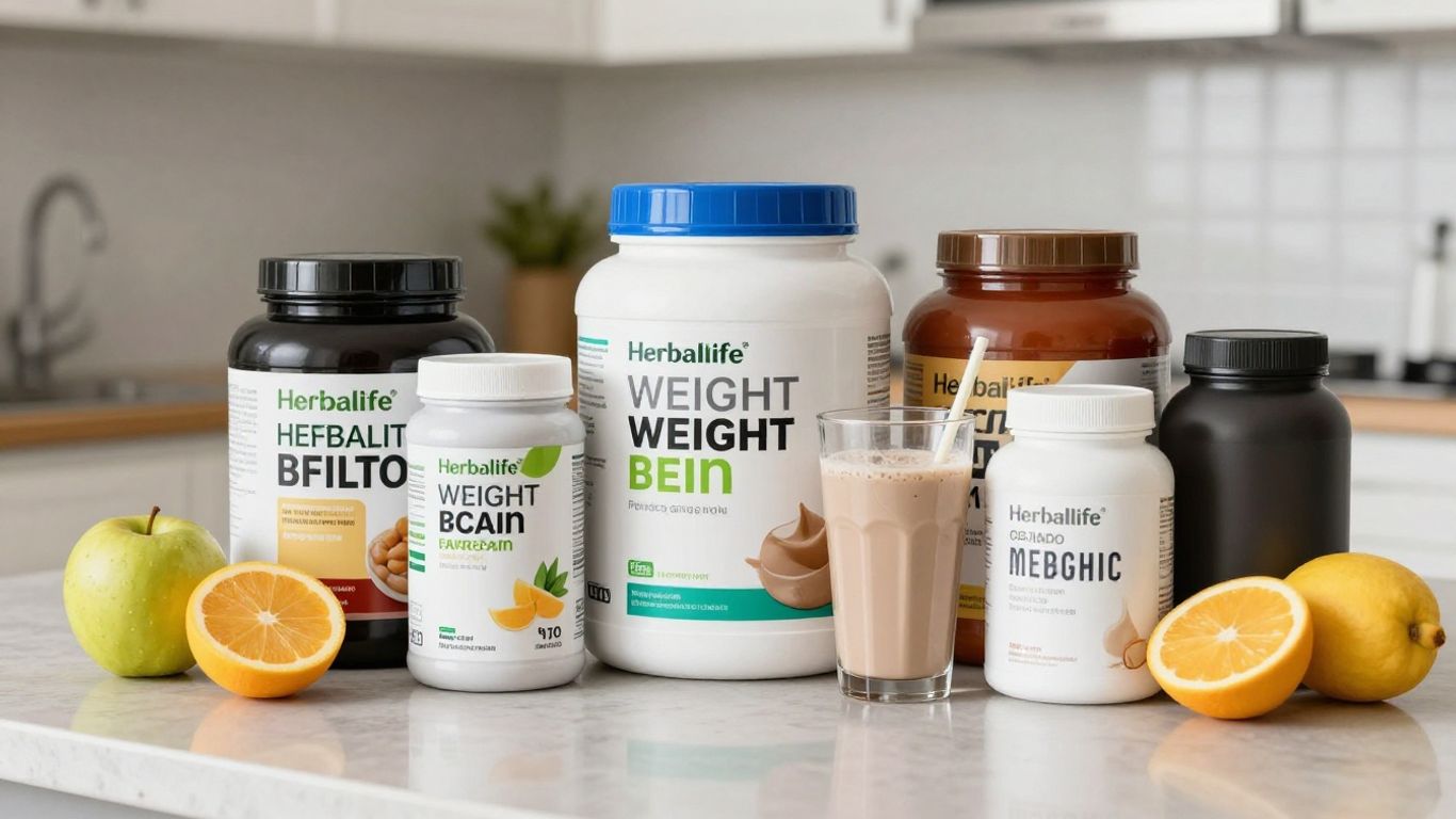 Herbalife weight gain products and shakes on kitchen counter