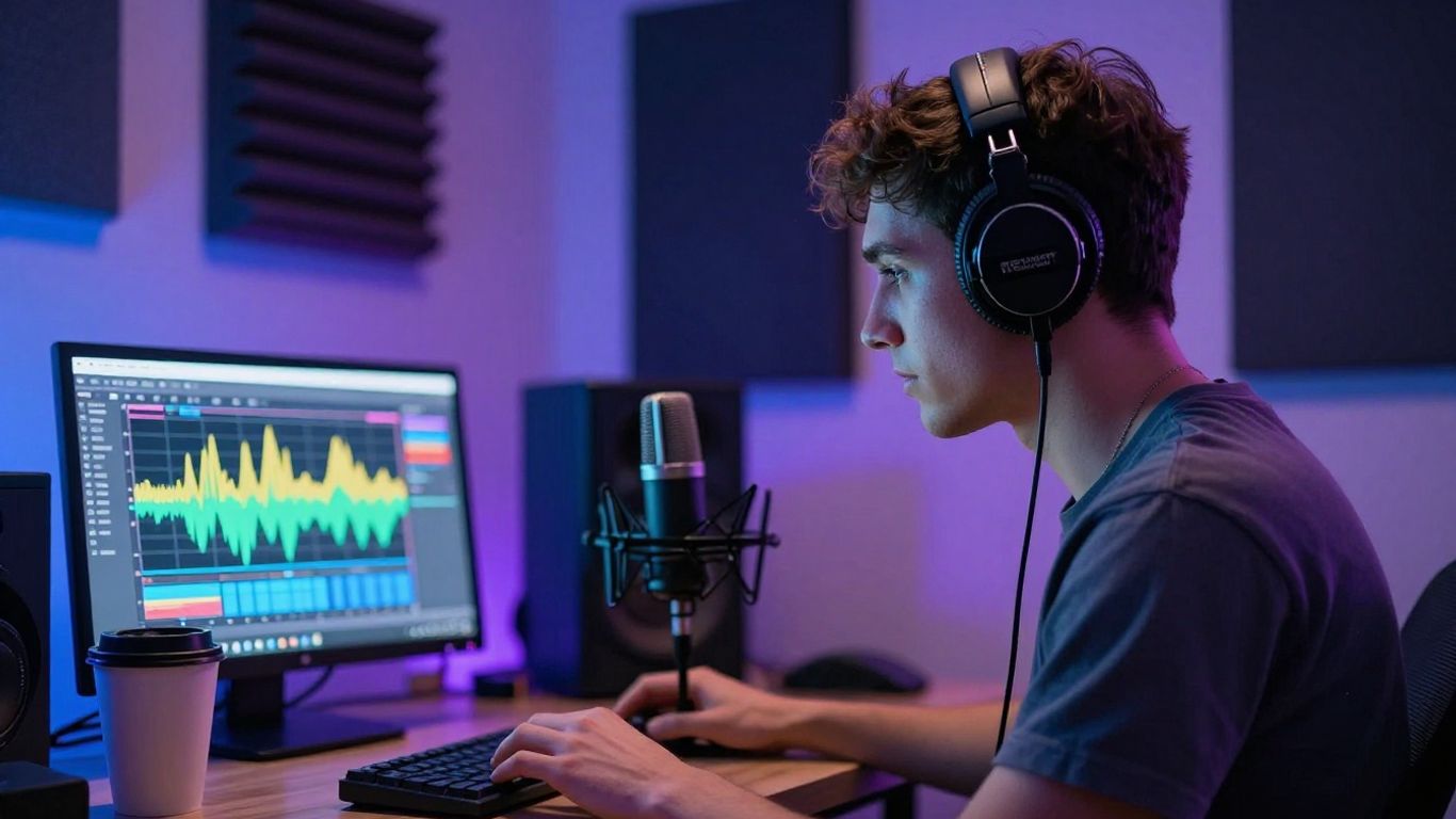 Colorful home studio with headphones and waveform monitor