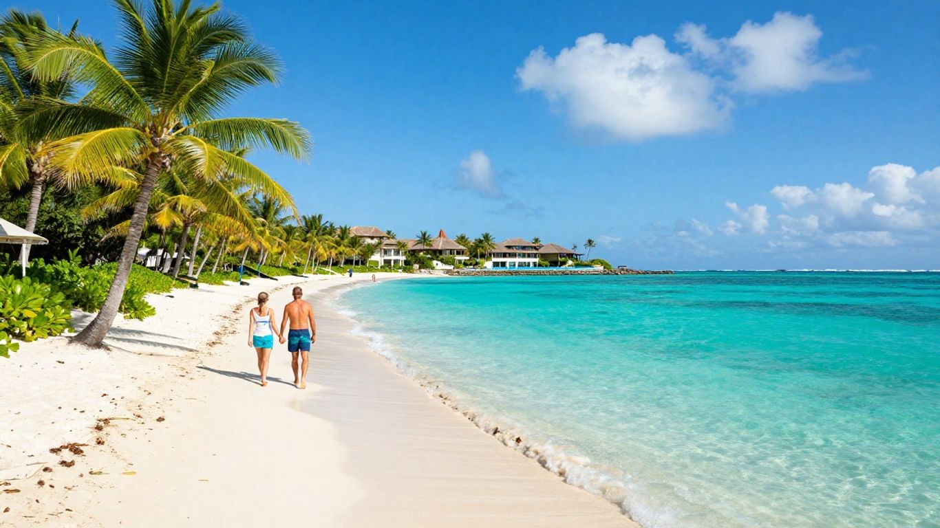 Couple enjoying a sunny beach vacation.