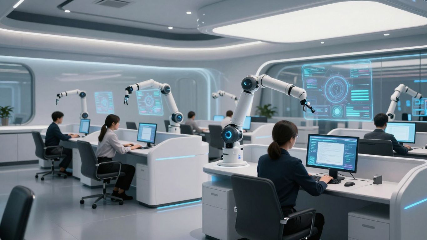Futuristic call center with robots and holographic displays.