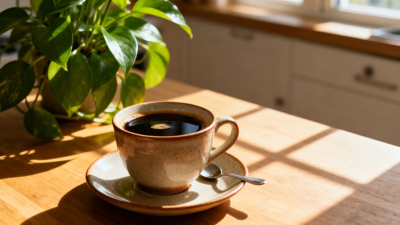 Black coffee on a sunlit kitchen table
