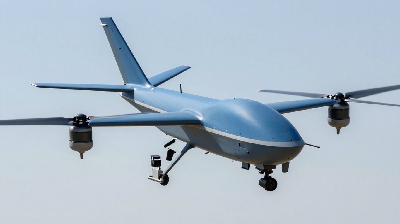 Blue UAS drones in formation against a clear sky.